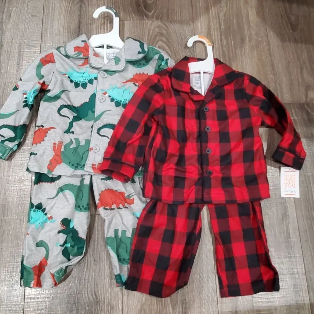NEW Baby Pajama Sets Size 12M Cozy Dinosaur and Plaid Pjs 4 Pieces, 2 Sets